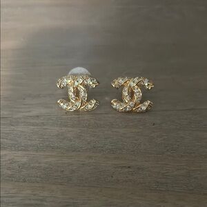 CHANEL Gold Logo Stud Earrings with Crystal Embellishments